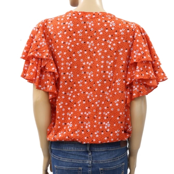 Free People Call Me Later Floral Ruffle Printed Bodysuit Sz M Color Orange/White - Picture 3 of 12